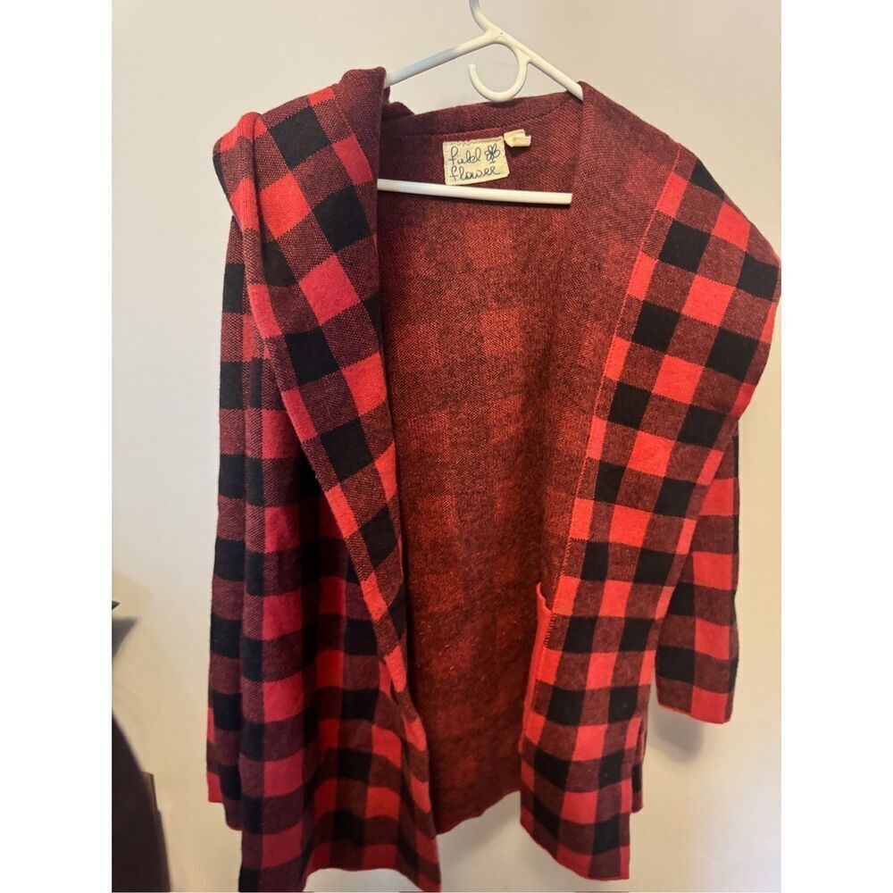 Anthropologie SMALL Field Flower Buffalo Plaid Cardigan Sweater Coat Jacket Red - Picture 2 of 4